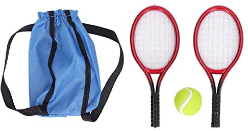 Dilwe Puppenhaus-Tennisschläger, Miniatur-Tennisschläger-Ball-Set mit Tasche, dekorativer Ziergegenstand für Puppenhaus, für Sammler und Kreativleute im Maßstab 1:12