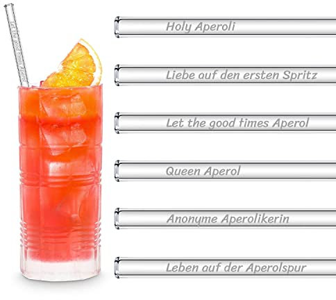 HALM Aperol Spritz Sprüche Glas Strohhalme Holy Aperoli Edition 23 cm - 6 lustige Trinksprüche graviert inkl. Bürste Glastrinkhalm…