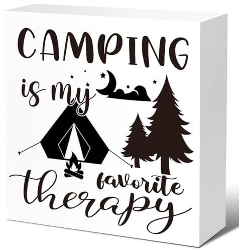 LVQHI Funny Camping Wooden Box Signs, Camping is My Favorite Therapy Wood Block Signs, Camper Décor Gift Idea for Friend Family Motorhomes Farmhouse RV Home Camping Accessories