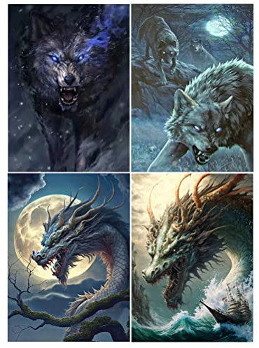 DCIDBEI 4 Pack Diamond Painting Tiere 30x40 cm 5D Wolf Diamant Malerei Malen Nach Zahlen Dragon Drachen Basteln Erwachsene Stickbilder Kreuzstich Mosaik