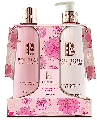 Boutique Coffret Duo pour le corps Fleur de cerisier et pivoine – 1 x nettoyant pour les mains et 1 x lotion pour les mains et le corps 500 ml – Huiles essentielles – Végétalien – Fabriqué en