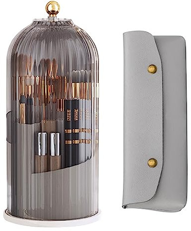 Longzhuo 360 Rotating Makeup Brush Holder Organiser with Dustproof Clear Lid, Acrylic Cosmetic Storage for Vanity Table - Brush, Lipstick, Eyeliner Organizer, Bathroom & Bedroom Desktop (Black)