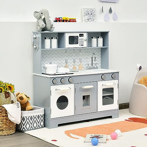 RELAX4LIFE Cucina Giocattolo in Legno per Bambini, Mini Cucina con Forno, Microonde, Distributore d'Acqua e Telefono, Luci e Suoni Realistici, per Bambini 3+ Anni