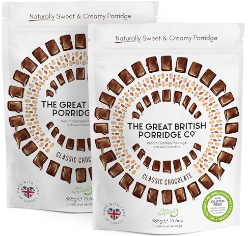 Classic Chocolate Gluten-Free Instant Oatmeal Porridge from The Great British Porridge Co - Naturally Sweet & Creamy Porridge Oats - 2 x 385g Pouch - 100% Natural, Plant Based, High Fibre