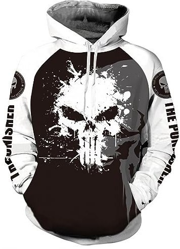 ILLUMAX Herren Kapuzenpullover Pun.ish-er, Loose Fit Hoodie Sweatshirt Pullover mit Kängurutasche, Bequemes Regular Kapuzensweatshirt für Workout Fitness-Black D||XL