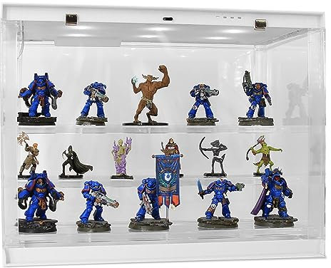 CASEMATIX LED Miniature Display Case with Three Tiered Acrylic Miniature Storage Figure Case Rows, Includes 20 Residue Free Grip Pads Compatible with Standard Miniatures and Large Warhammer 40k, DND