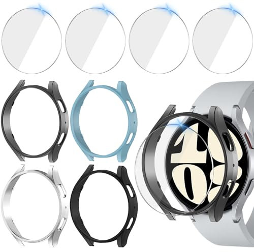 Jvchengxi Coque Verre Trempé pour Samsung Galaxy Watch 6 40mm Protection Écran, 4+4Pièces Anti-rayures PC Etui + HD Protecteur D'écran en Verre Trempé (Noir+Argent+BleuNuageux+GrisSpatial)