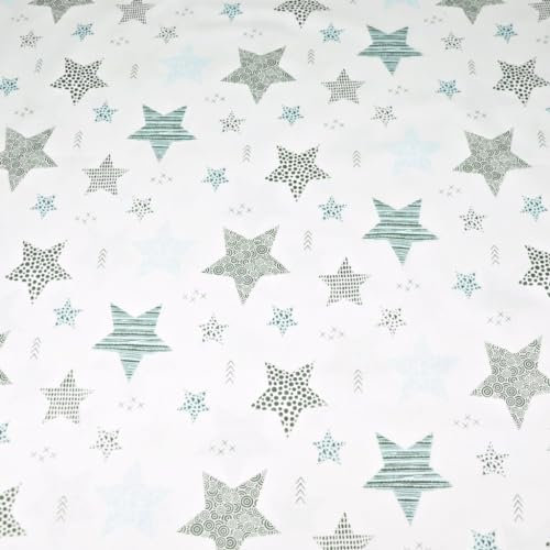 Textrend Baumwollstoff Stoffe Meterware - Stoff zum Nähen - 100% Baumwolle - Textilien 1x1.6m - Stoff mit Sternmuster (Sterne gemustert blau grau auf weißem Hintergrund)