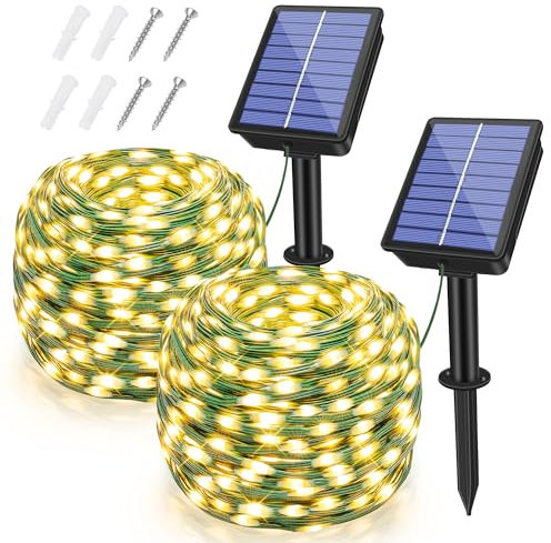 Confezione da 2 luci solari a energia solare, 480 LED, 480 m, IP67, impermeabili, per esterni, con 8 modalità, pannello solare migliorato, per decorazioni in giardino, feste e matrimoni (bianco caldo)