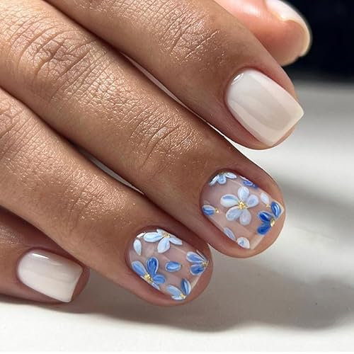 24pcs Short Square False Nails Blue White Flowers Press on Nails Nude Pink Creamy White Stick on Nails Removable Glue-on Nails Full Cover Fake Nails Women Brides Nail Art Accessories