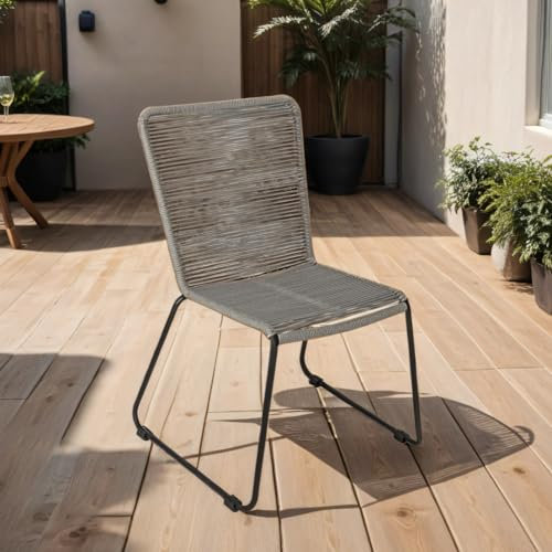 SAM Loreno ISRA - 1 Outdoor Seilstuhl – stapelbaren Gartenstühle mit Grauer Seilbespannung aus Polyester & schwarzem Eisen-Gestell – Modernes Rope Chair Design für Garten, Balkon & Terrasse, Grau