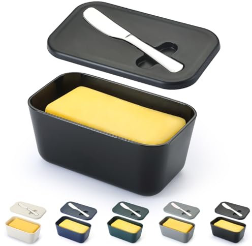 ReaNea Beurrier avec couvercle pour étagère de comptoir et de porte de réfrigérateur, porte-beurre en plastique, récipient à plateau avec couteau à beurre, lavable au lave-vaisselle