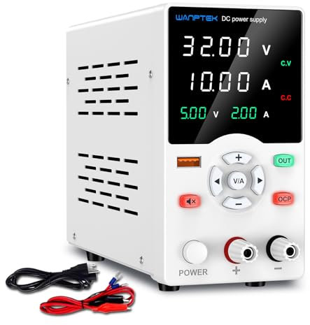 WANPTEK POWER Fuente de Alimentacion Regulable 30V 10A Fuente de Alimentación con Botón Ajustable, Fuente de Laboratorio con Protección OCP/Botón de Salida/Carga Rápida USB 18W /Modo Silencio