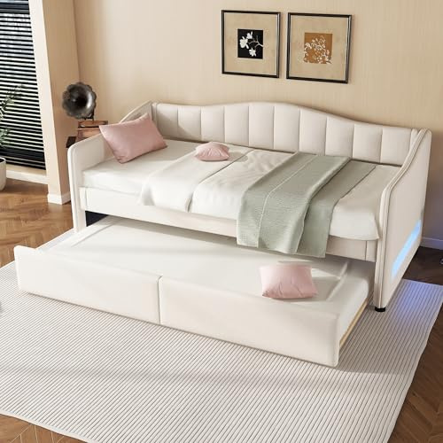 Ymkua Einzelbett Kinderbett Sofabett 90x200 cm, Daybett Schlafsofa Tagesbett mit LED-Leuchten und Rollbett, Jugendbett mit Lattenrost, Gästebett Wohnzimmer Schlafzimmer, Leinen, Ohne Matratze (Beige)