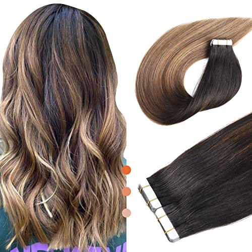 XDhair Tape Extensions Echthaar Ombre Schwarz zu Braun mit Karamellblond Haarverlängerung Echthaar 20pcs 50g 35cm Remy Echthaar Extensions Seidig Gerade Tape Ins (#1B/4/27-14)