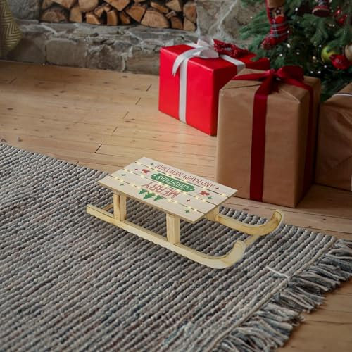 ECD Germany LED Deko Schlitten aus Holz mit warmweißen LEDs, 42 x 16 cm, Natur-Braun, batterriebetrieben, Beleuchteter Dekoschlitten mit Timer, Weihnachtsdeko Weihnachten Dekoration Deko Holzschlitten