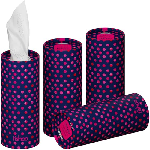 tishoo Hyaluronic Acid-Infused Luxury 4-Ply Tissues | 4 Tubes, Polka Dot | Indulgent ultra soft tissues for car cup holders, home & travel. Gentle on skin, gorgeous & giftable | 40 sheets each