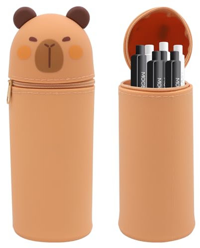 DHINCHANSAIB Portapenne cartoon in silicone morbido 2 in 1 - astuccio per matite carino e pratico per ragazze e adolescenti, ideale per l'ufficio e la scuola (Dark brown)