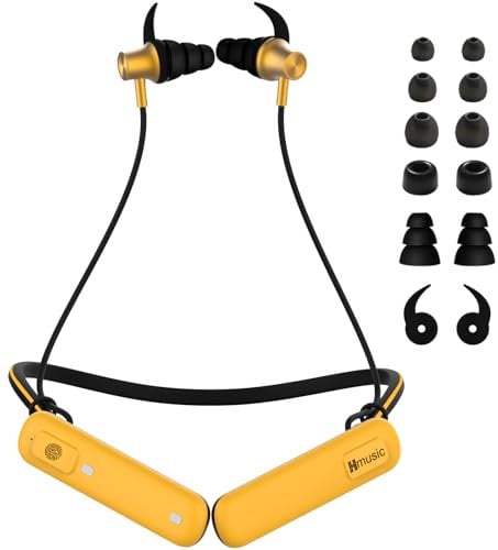 Hmusic H23 Nackenbügel Bluetooth Kopfhörer, 80 Std., IP67 wasserdicht, 30 dB Rauschminderung, Gehörschutz kabellose Kopfhörer mit ENC-Mikrofon, Im-Ohr Ohrstöpsel für Rasenmähen/Baustelle/Outdoor Gelb