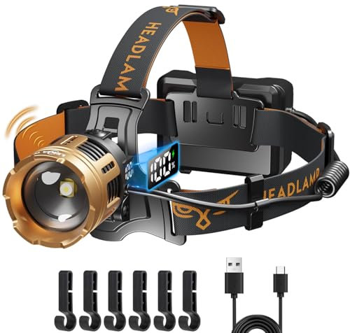 LEKIA Linterna Frontal Alta Potencia, LED Camping Linterna Cabeza Recargable 100000LM con Sensor de Movimiento, 7 Modos Frontal Pilas 9000mAh con Zoom, IPX67 Ajustable 90°para Camping Running