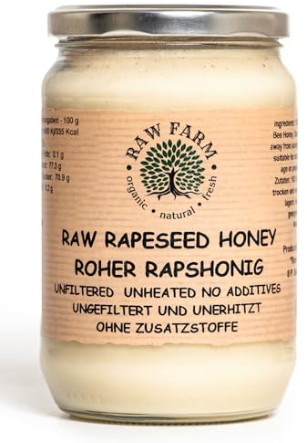 Raw Farm – Miele di colza puro e crudo – 900g – Non filtrato – Non riscaldato – Non pastorizzato – Da un’unica fonte – Diretto dai nostri alveari