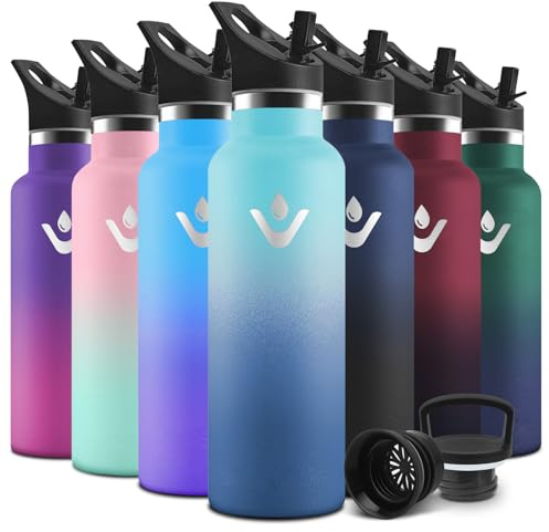 Motswedi Borraccia Termica Bambini, 500ml Con 2 Tappi, Borraccia con Cannuccia, Doppia Parete, Bottiglia Termica, A Prova di Perdite, Bottiglia acqua Per Scuola, Sport, Palestra, Azzurro-Blu Scuro