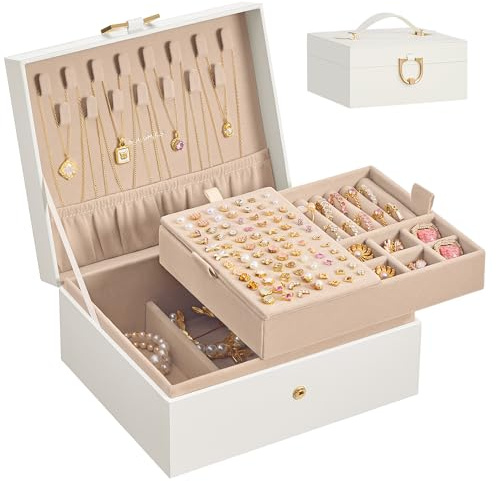 SONGMICS 2-Layer Jewellery Box Organiser, Removable Tray, Carry Handle | Storage Case for Necklaces, Earrings, Rings, 17 x 20.5 x 9.5 cm, Gift Idea, Cream White, GREETA Collection JBC208WD01