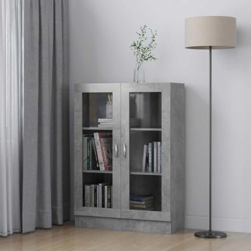 Qnhdfrt Vitrinenschrank Betongrau 82,5x30,5x115 cm Schmal Hoch Schrank Regal mit 3 Fächern und 2 Glastüren Robuste Aufbewahrungslösung für Wohnzimmer Deko