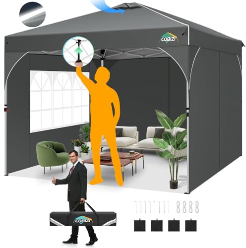 COBIZI Pavillon 3x3 Faltpavillon wasserdicht Winterfest, EIN-Tasten-Zentralverriegelung Partyzelt Faltbar Anti-UV mit Fluoreszierenden Streifen, 4 Seitenwänden, 3 Höhenverstellbar,Gartenzelt, Freien