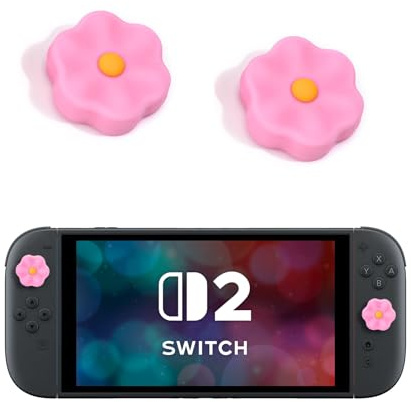 DLseego Daumengriffkappen für Switch 2 Controller,Kawaii Form Musterdesign Knopfkappen,Weiche Silikon-Anti-Rutsch Analog Joystick Schutzkappen,Rosa Blume
