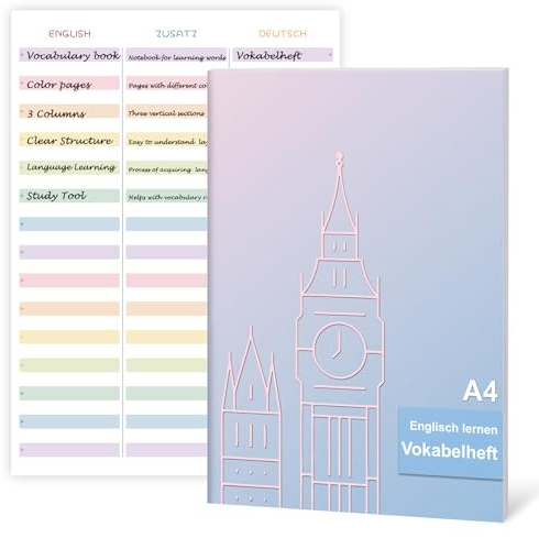 1 cahier de vocabulaire DIN A4 3 colonnes cahier de vocabulaire anglais A4 linéature 54 avec ligne de division 16 feuilles Cahier d'écriture A4 linéature 54/3 pour mots d'apprentissage, élèves