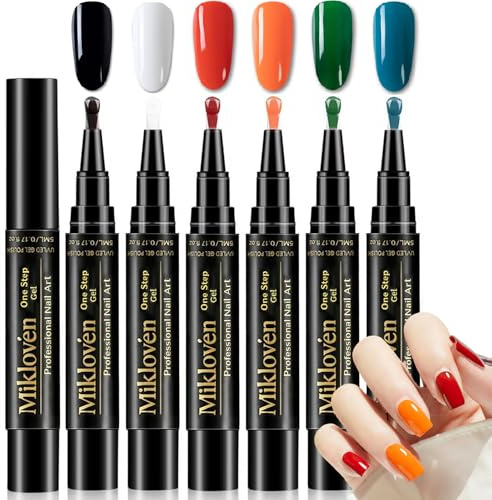 3-in-1 Gel Nail Polish Pen Set for Salon & DIY Manicure - 6 Vibrant Colors Black White Red Orange Green Blue UV-Cured Quick-Dry Formula with Precision Tip for Durable Nail Art Designs