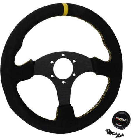 S00uaUBye 330mm Flat Steering Wheel Suede Aluminum Frame 13 Inch Drift Racing Pc Game Steering Wheel Compatible With Universal Gaming Controllers(6028BK-MS-YL-YL)