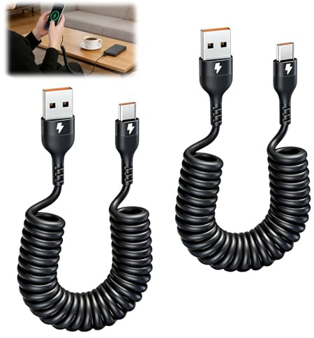 Coiled USB C Cable 2 PCS, 1.5M Retractable USB A to USB C Charging Cable for Car, 5A Fast Charging Android Auto Cable Compatible with iPhone 16 15 Pro, Samsung Galaxy S25 S24 S23, Google Pixel