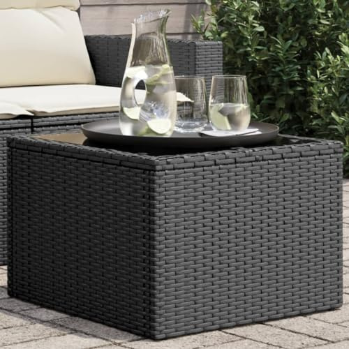 FWIKDUN Gartentisch mit Glasplatte Schwarz Poly Rattan und Hartglasplatte PE Rattan aus Polyrattan mit Stahlrahmen