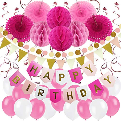 ZERODECO Geburtstag Dekoration, Happy Birthday Banner Wabenbälle und Fächerdekoration Papier Girlande Fächer Dreieckige Wimpel Spiral Girlanden und Luftballon - Rosa, Pink und Weiß