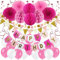 ZERODECO Geburtstag Dekoration, Happy Birthday Banner Wabenbälle und Fächerdekoration Papier Girlande Fächer Dreieckige Wimpel Spiral Girlanden und Luftballon - Rosa, Pink und Weiß