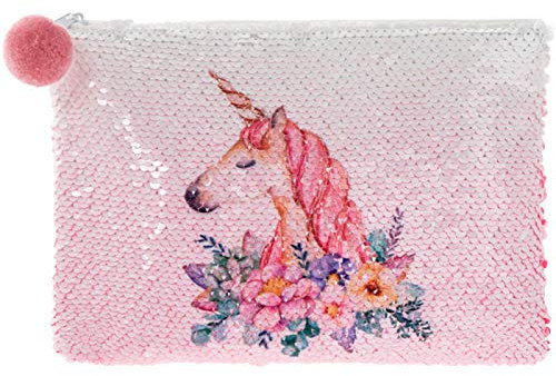 Porte-monnaie zippé réversible à paillettes rose licorne, rose