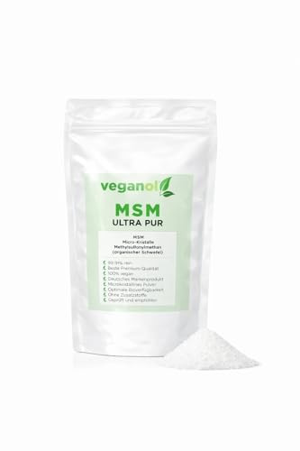 Veganol ® MSM microkristallines Pulver, 500g, Methylsulfonylmethan, Made in Germany, vegan, höhere Bioverfügbarkeit als Tabletten/Kapseln, 99,9% rein, Nahrungsergänzung für Mensch und Tier geeignet.