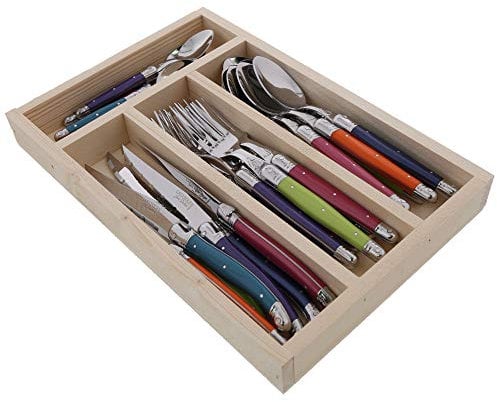 Ménagère 24 pièces Laguiole couleur London mix en range-couverts en bois naturel