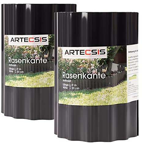 ARTECSIS 2X Rasenkante aus Kunststoff, 9 m x 20cm, Anthrazit, gewellt, Umrandung für Beete, Beeteinfassung, Rasenbegrenzung