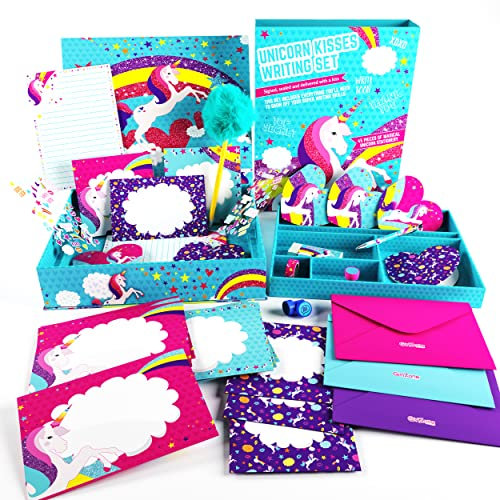 GirlZone Cadeau Fille Coffret Papier à Lettre Licorne pour Filles - Set de Correspondance avec Feuilles, Cartes, Enveloppes, Stylos, Gomme, Autocollants Loisir Créatif pour Enfants