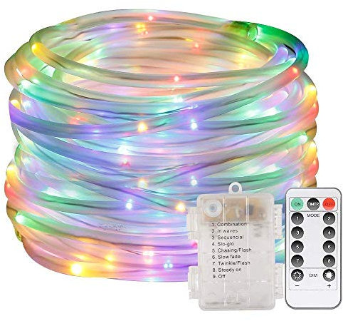 Cordons lumineux extérieurs, EONYUANGUO 10M 100 LED Cordes lumineuses à cordes avec minuterie à distance 8 Mode fonctionnant sur piles imperméable pour la décoration extérieure (Multicolore)