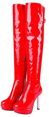 MISSUIT Damen Lack Plateau Overknee Stiefel High Heels Stiefel Stiletto Reißverschluss Schnallen Herbst Winter Boots(Rot,46)