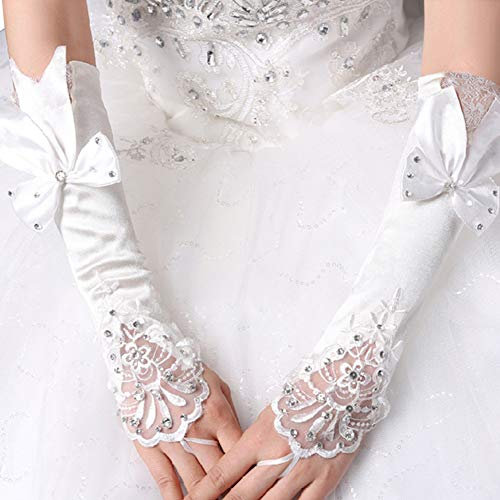 MoreChioce Damen Spitze Handschuhe,Hochzeit Braut Handschuhe Strass Armstulpen Frauen Lange Handschuhe Elastisch Lace Hochzeithandschuhe Hochzeit Party Abend Handschuhe,Weiß Satin