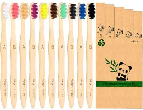 10 Stück Bambus Zahnbürsten mit Weichen Borsten, Natürliche Eco Friendly Biologisch Abbaubare Holzkohle Zahnbürsten, BPA Frei Recycelbar Holz Zahnbürste Set…