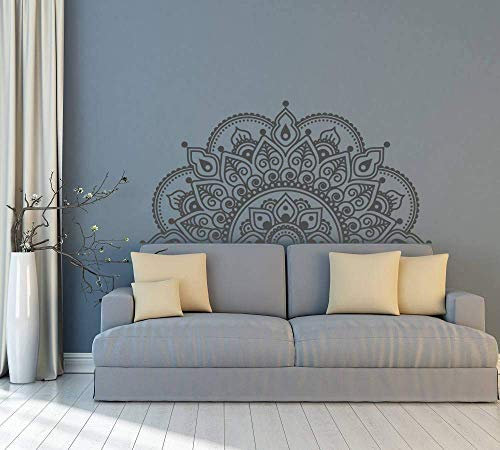Vinyl Wandtattoo Halbe Mandala Wandbild Yoga Lover Geschenk Home Kopfteil Dekor Halbe Mandala Design Autofenster Stickers-116X57Cm Grau