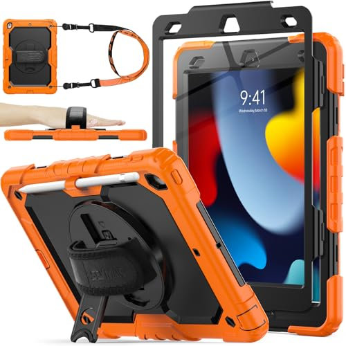 SEYMAC stock Case for iPad 9th/ 8th/ 7th Generation 10.2'', Shockproof Case with Screen Protector Pencil Holder [360° Rotating Hand Strap] & Stand, Case for iPad 10.2 inch 2021-2019, Orange