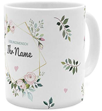 printplanet® Tasse mit Namen personalisiert - Motiv: Floral - individuell gestalten - Farbvariante Weiß