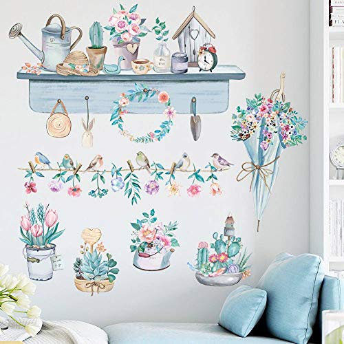 WandSticker4U®- Stickers muraux FLEURS bleues (85x78 cm) I Autocollant mural fille ado fleurs plantes en pot oiseaux printemps été I Déco murale chambre fille ado salon coucher cuisine couloir